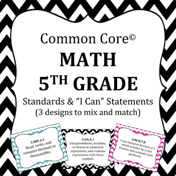 Common Core 5th Grade Math standards posters and I Can Statements