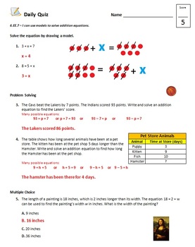 common core 6th grade math quiz pack equations and inequalities