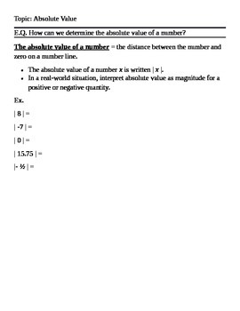 Preview of Common Core Absolute Value Cornell Notes