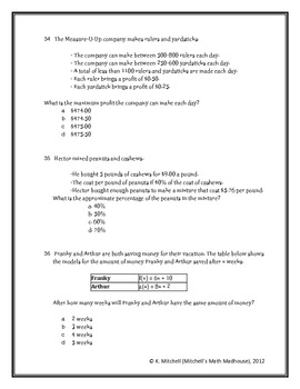 Common Core Algebra 1/Integrated 1 Practice Test by Mitchell's Math