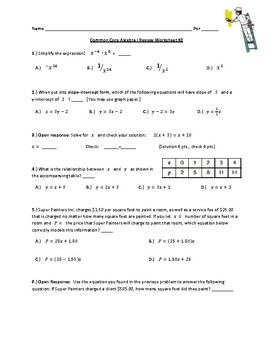 Preview of Common Core Algebra I Standardized Test Review Worksheet #2