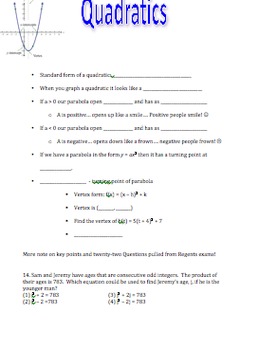 Preview of Common Core Algebra: Quadratics Regents Review