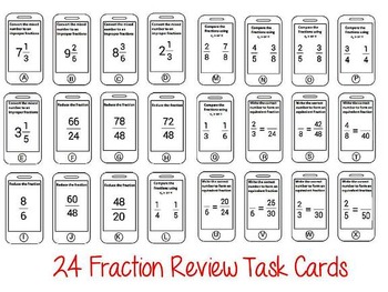 Preview of Common Core Aligned Fractions Review Cell Phone Task Cards 3.NF, 4.NF, 5.NF
