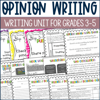 Preview of Opinion Writing Essay Unit with Color Coded Guide, Posters, & Flip Book Activity