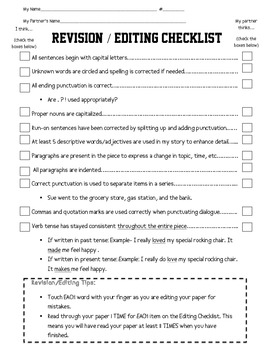 Common Core Aligned Revision/Editing Partner Checklist for Fiction Writing