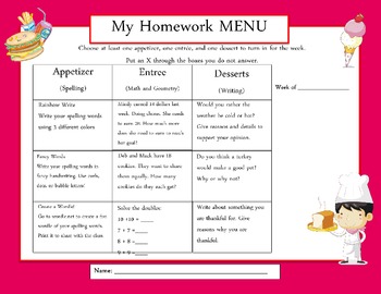 weekly homework menu