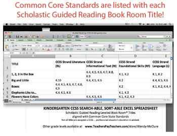 Preview of Kindergarten Common Core Standards w/ Scholastic Guided Reading Book Room Titles