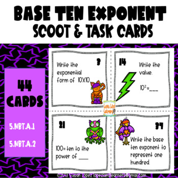 Preview of Powers of Ten Exponent (Base 10) Scoot & Task Card Set  5.NBT.A.2