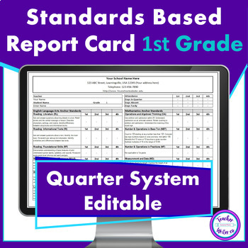 Preview of First Grade Standards Based Report Card Common Core for Quarters