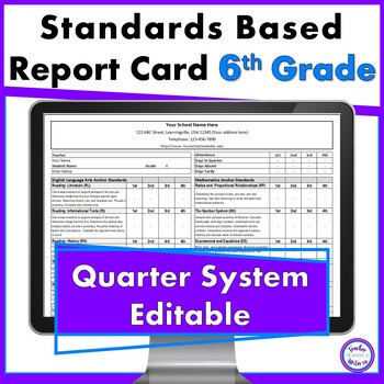 Preview of 6th Grade Standards Based Report Card Common Core for Quarters