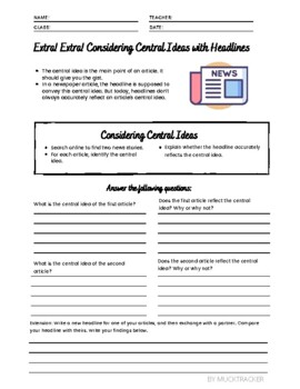 Preview of Common Core Central Idea & News Literacy Worksheet