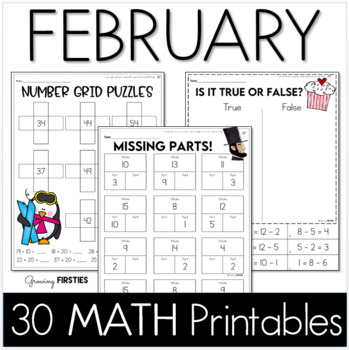 Preview of February No Prep Math First Grade Valentines Presidents Groundhog Printables