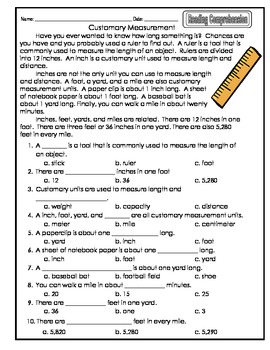 Common Core Customary Measurement Reading Comprehension and Worksheet