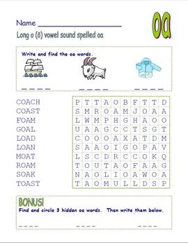 Preview of Digraph Long Vowel "o" Spelled "oa" & "ow" Word Search Fun!