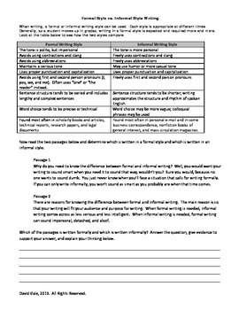 Preview of Common Core: Formal vs. Informal Writing Style (Student Practice and Rubric)