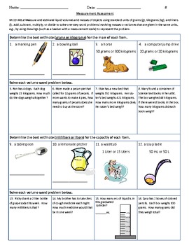 common core grade 3 mass and capacity assessment by the teacher spot