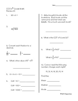 6th grade common core math daily review weeks 6 10 by jennifer hall