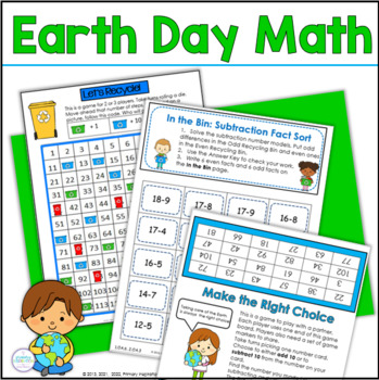 Preview of Earth Day Math Games and Activities | 120 Chart, Addition, Subtraction, Time