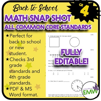 Preview of Common Core Math Assessment - Gr 4 Back to School Snapshot -  Editable