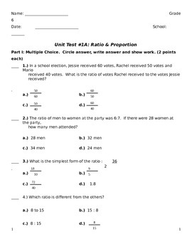 common core math grade 6 ratio proportion test a by common