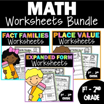 Preview of Math Worksheets for 1st & 2nd Grade | Place Value  Expanded Form  Fact Families
