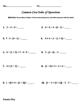 Preview of Common Core Order of Operations Worksheet and Answer Key