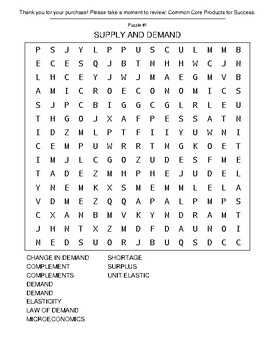 Preview of Common Core RI.5.8 Economics Supply and Demand Word Search, Cryptograms Puzzles