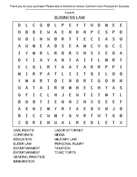 Preview of Common Core RI.9-10.2 Business Law Word Search and Cryptograms Puzzles