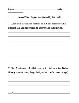 Preview of Common Core Reading handout for "Mush!Sled Dogs of the Iditarod"