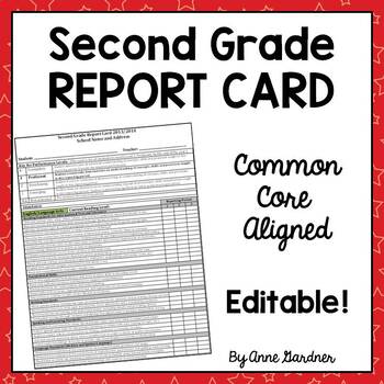 Preview of Editable Second Grade Report Card Template: Common Core Standards Based Grading