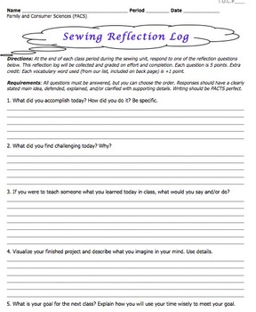 Preview of Sewing Lab Reflection Questions: Common Core Writing