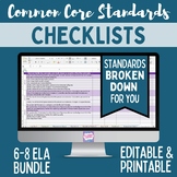 Common Core Standards Checklist - 6-8 Grade ELA Bundle