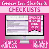Common Core Standards Checklist - First Grade ELA & Math Bundle