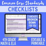Common Core Standards Checklist - Fourth Grade ELA & Math Bundle
