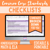 Common Core Standards Checklist - Kindergarten ELA & Math Bundle