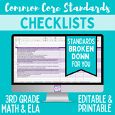 Common Core Standards Checklist -Third Grade ELA & Math Bundle