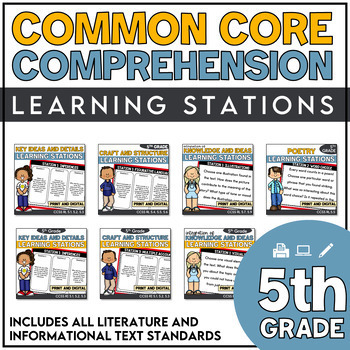 Preview of 5th Grade ELA Common Core Standards Comprehension Stations Test Prep + Review