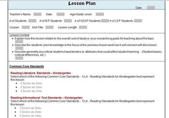 Preview of Common Core Standards Lesson Plan Template ELA Kindergarten