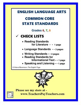 Preview of Common Core State Standards ELA:  Checklists 6,7,8