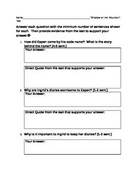 Preview of Common Core Style Book Test over Shadow on the Mountain by Margi Preus