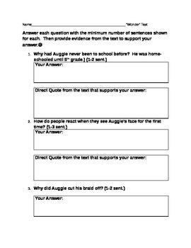 Preview of Common Core Style Book Test over "Wonder" by R.J. Palacio