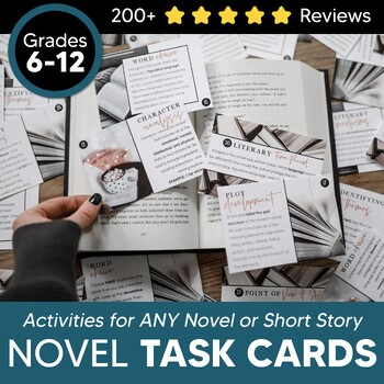 Preview of Reading Comprehension Task Cards for ANY NOVEL: Grades 7-12 + DIGITAL INCLUDED