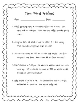 Preview of Common Core Telling Time Word Problems with Unknowns
