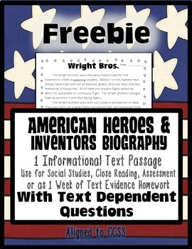 Preview of FREEBIE Wright Brothers Close Reading Leveled Passages for HW Assessment & More}