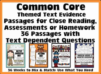 Preview of Common Core Text Evidence Passages BUNDLE Close Reading, Assessments, Tutoring