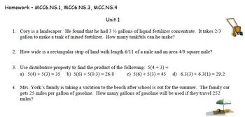 Preview of Common Core - Unit 1 Homework - MCC6.NS.1 - MCC6.NS.3 - MCC6.NS.4
