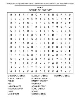 Preview of Common Core W.4.4 Forms of Energy Lessons Word Search & Cryptograms Puzzles