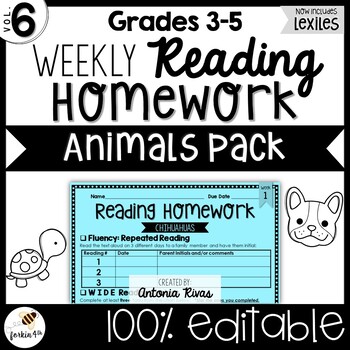 Preview of Common Core Weekly Reading Homework (Grades 3-5) - Animal Pack