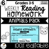 Common Core Weekly Reading Homework (Grades 3-5) - Animal Pack