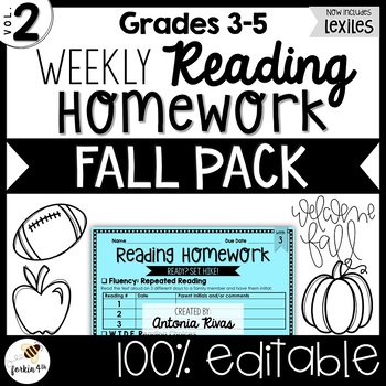 Preview of Common Core Weekly Reading Homework (Grades 3-5) - Fall Pack